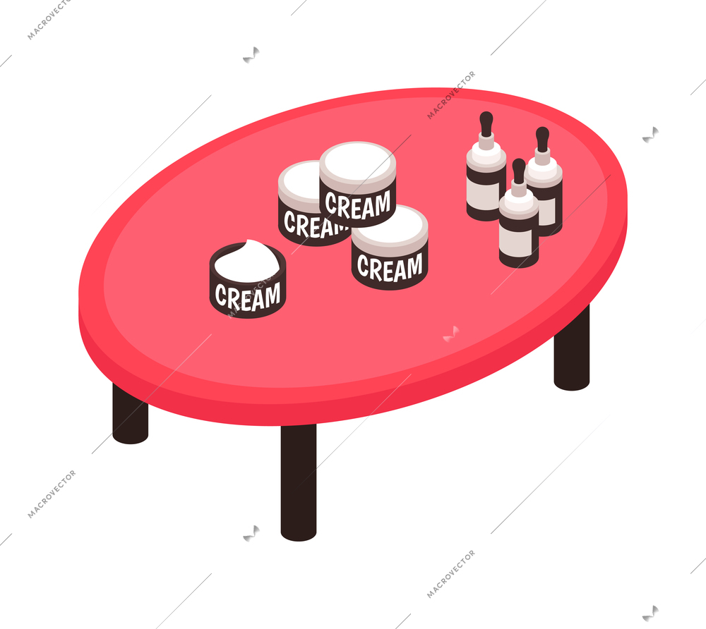 Trade show expo stand isometric icon with promotional beauty products on table 3d vector illustration
