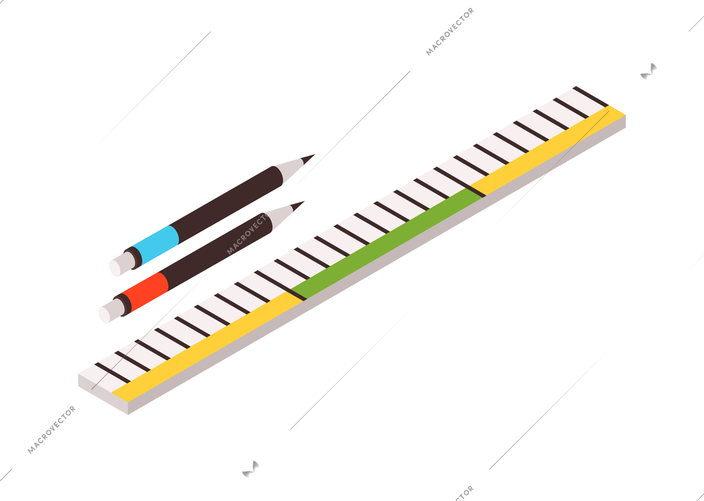 Isometric color icon with ruler and two lead pencils 3d vector illustration