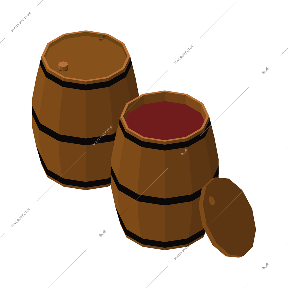 Two wooden barrels with red wine isometric 3d vector illustration