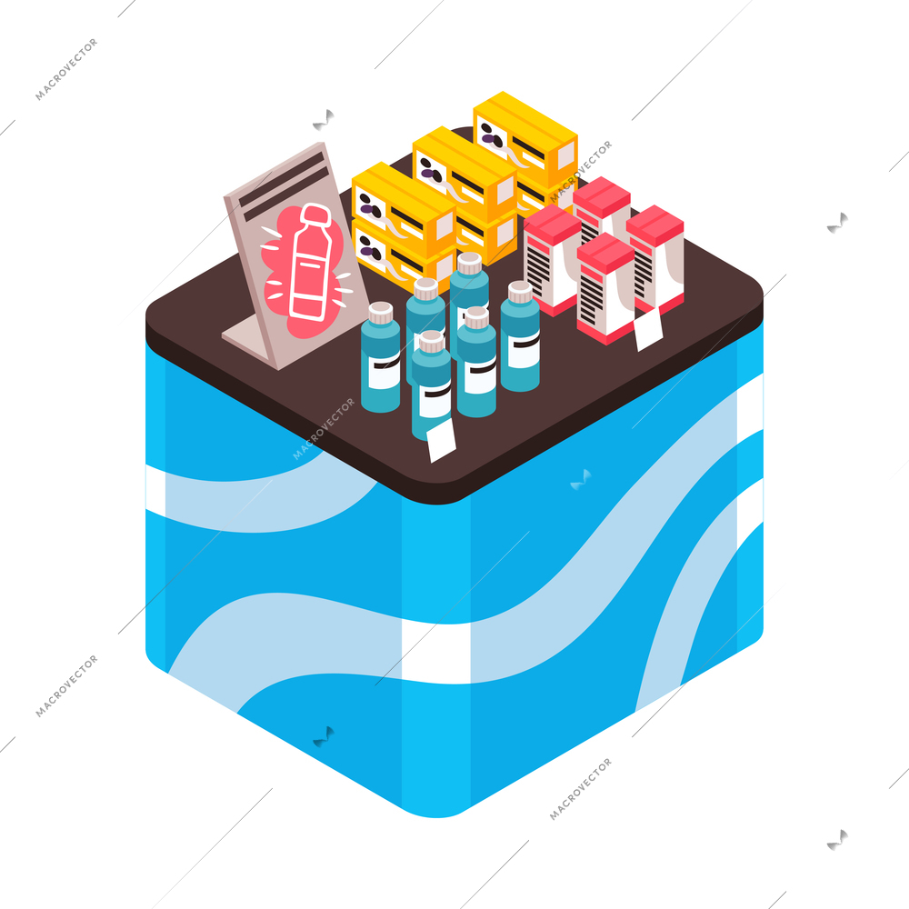 Isometric expo stand with promotional cosmetic beauty products 3d vector illustration