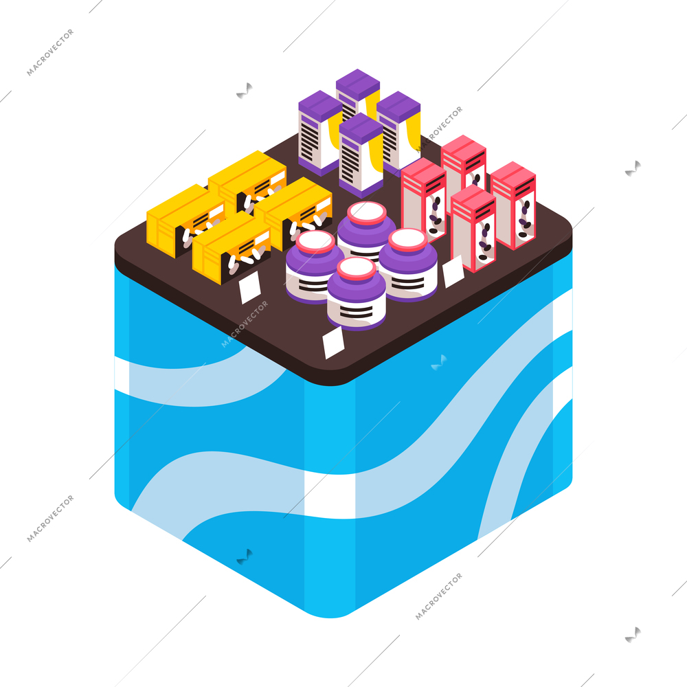 Various promotional products on expo stand isometric icon 3d vector illustration