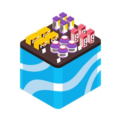 Various promotional products on expo stand isometric icon 3d vector illustration