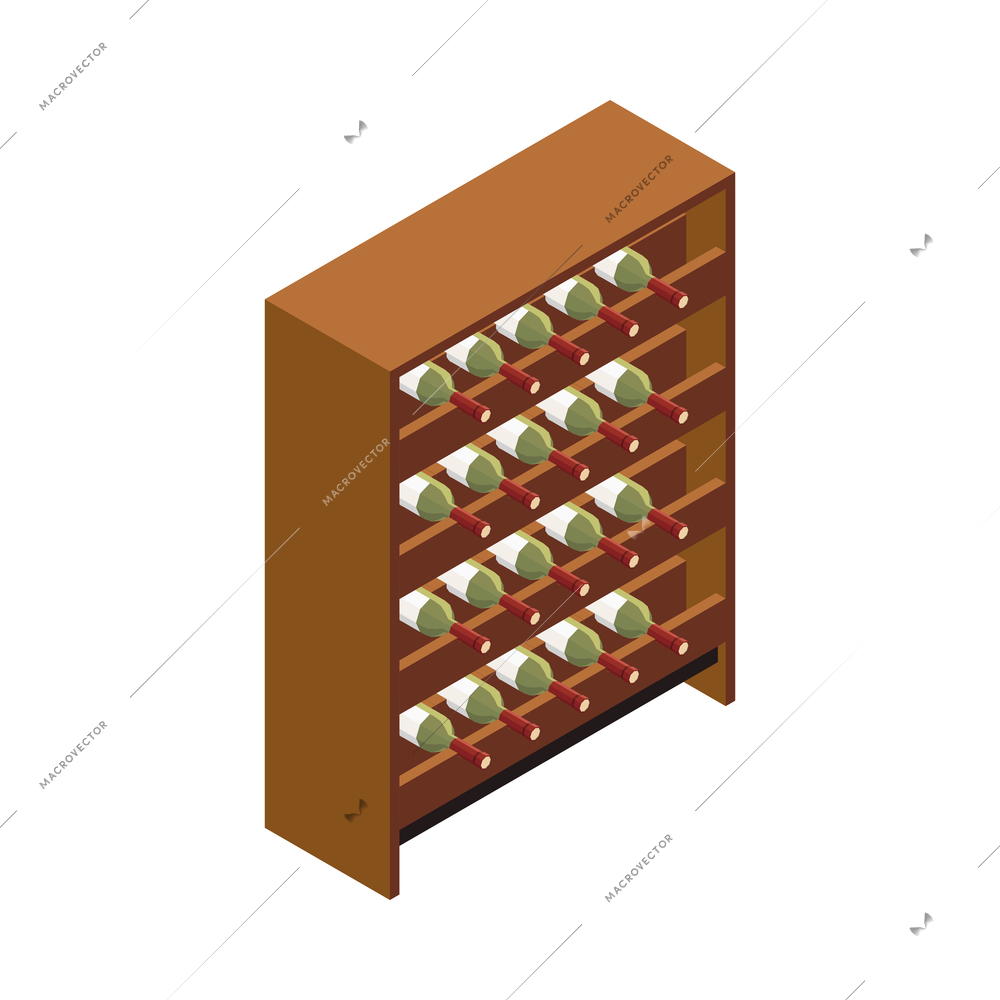 Isometric wooden shelves with rows of wine bottles in cellar 3d vector illustration