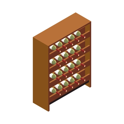 Isometric wooden shelves with rows of wine bottles in cellar 3d vector illustration