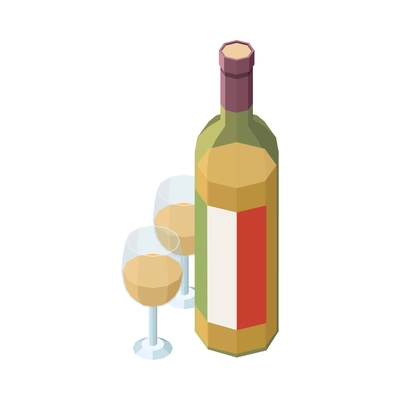 Isometric bottle and two glasses of white wine 3d icon vector illustration