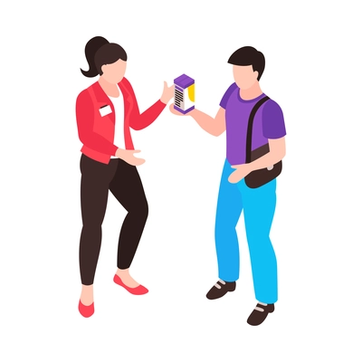 Isometric trade exhibition icon with promoter showing new product to man 3d vector illustration