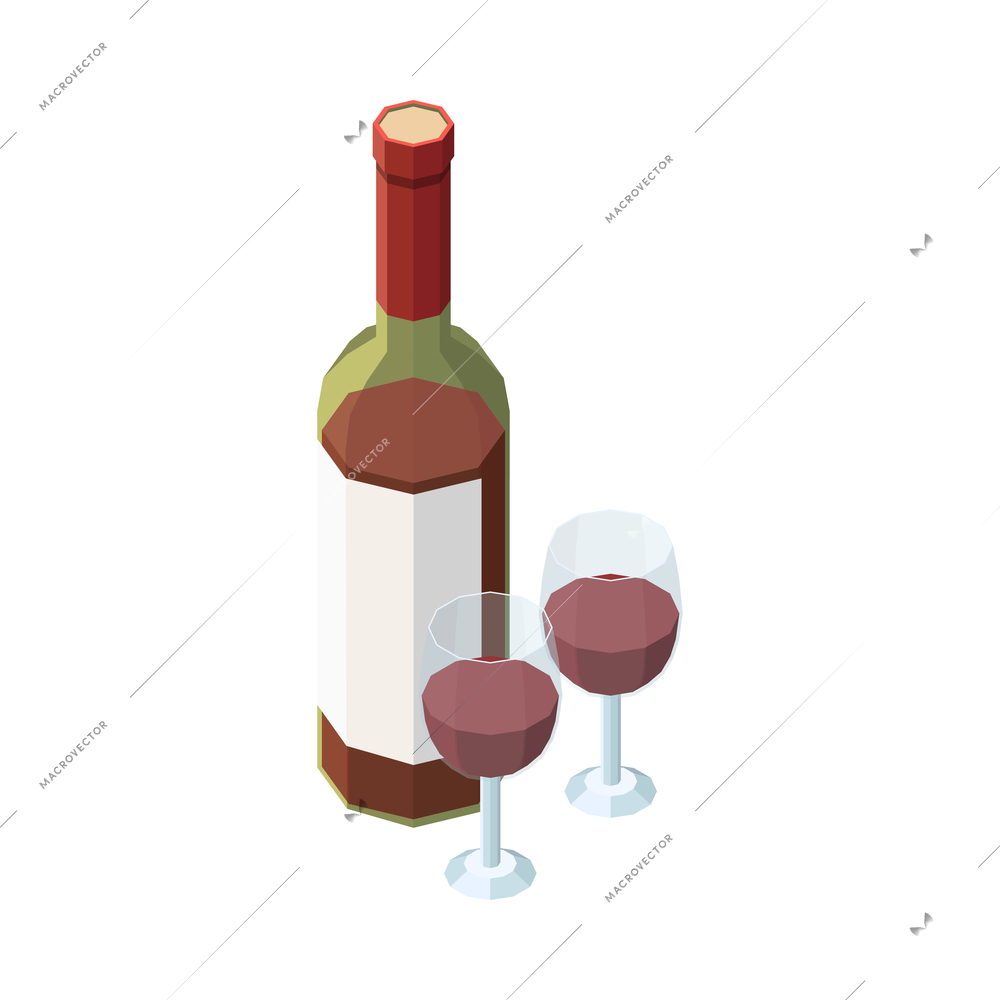 Two glasses and bottle of red white isometric icon 3d vector illustration