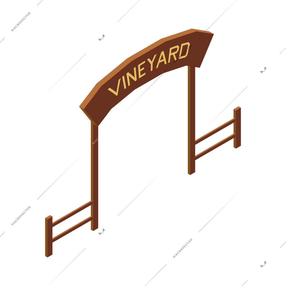 Vineyard entrance signboard and wooden gate isometric icon on white background vector illustration