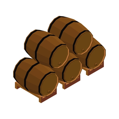 Isometric stacked wooden wine barrels on white background 3d vector illustration