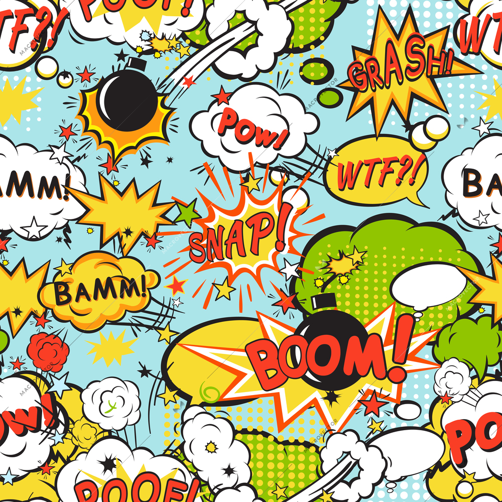 Comic speech bubbles in pop art style with bomb cartoon and explosion text seamless pattern vector illustration