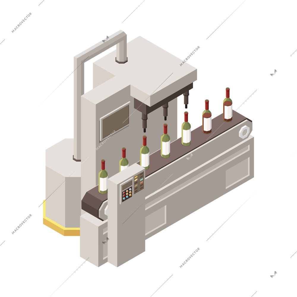Wine production factory isometric icon with glass bottles on automatic conveyor line 3d vector illustration