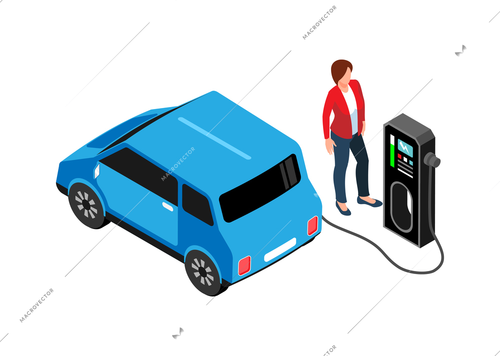 Eco transport isometric icon with woman charging electric car 3d vector illustration