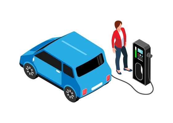 Eco transport isometric icon with woman charging electric car 3d vector illustration