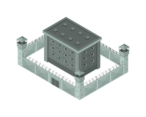 Jail isometric icon of prison building surrounded by fence with barbed wire and towers 3d vector illustration