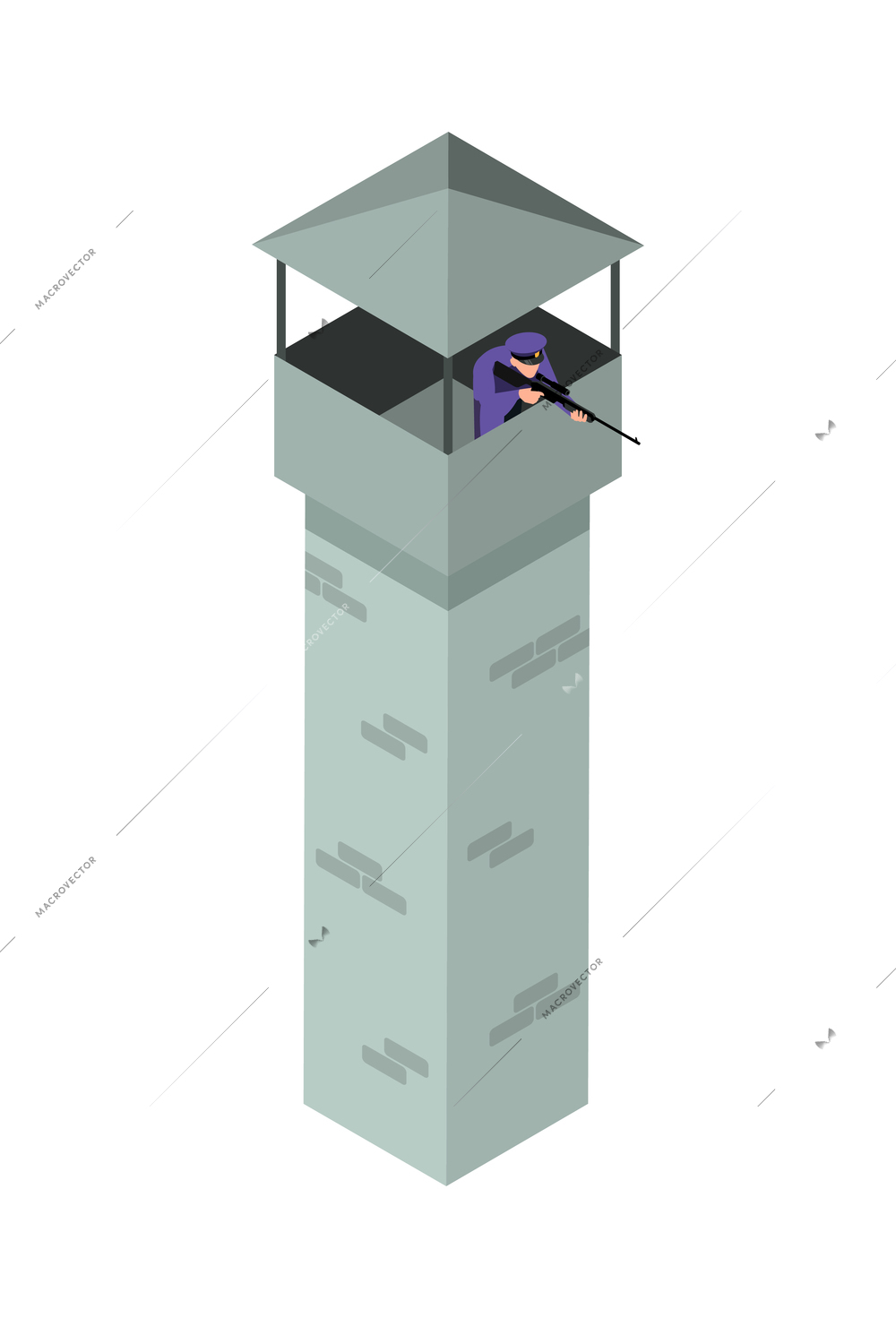 Jail tower with guard holding weapon isometric icon 3d vector illustration