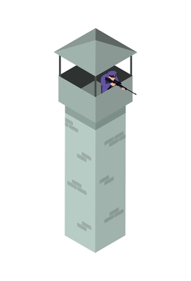 Jail tower with guard holding weapon isometric icon 3d vector illustration