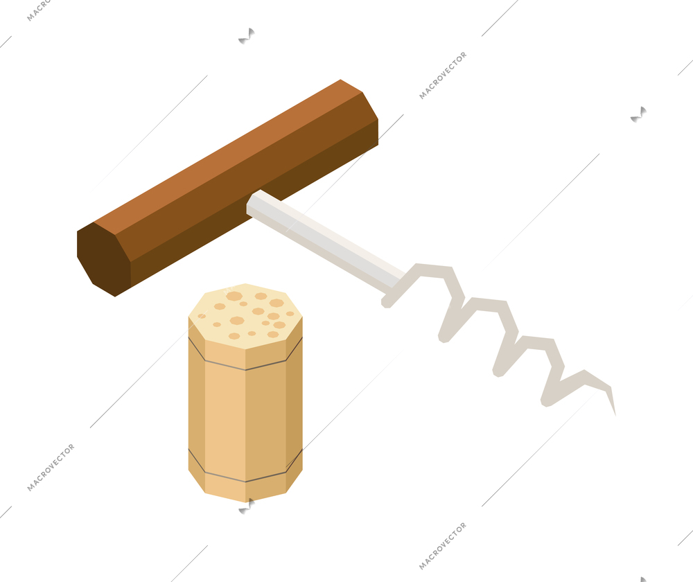 Retro corkscrew with wooden handle and wine bottle cork isolated on white background isometric icon vector illustration