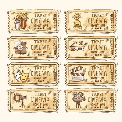 Cinema sketch paper ticket set with popcorn glasses clapperboard and megaphone isolated vector illustration