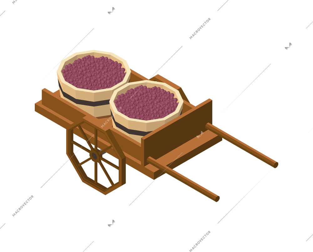 Wine production isometric icon with two wooden tubs with grapes on carriage 3d vector illustration