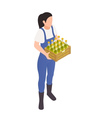 Female worker holding wooden box with bottles of olive oil 3d isometric vector illustration