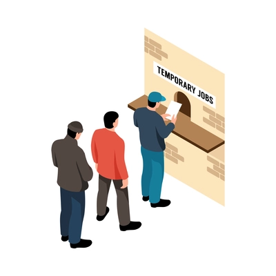 Jobless people standing in queue for temporary work 3d isometric vector illustration