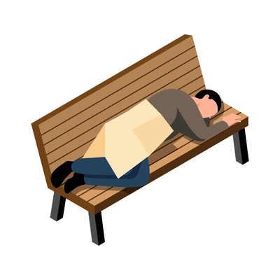 Homeless man sleeping on bench 3d isometric vector illustration