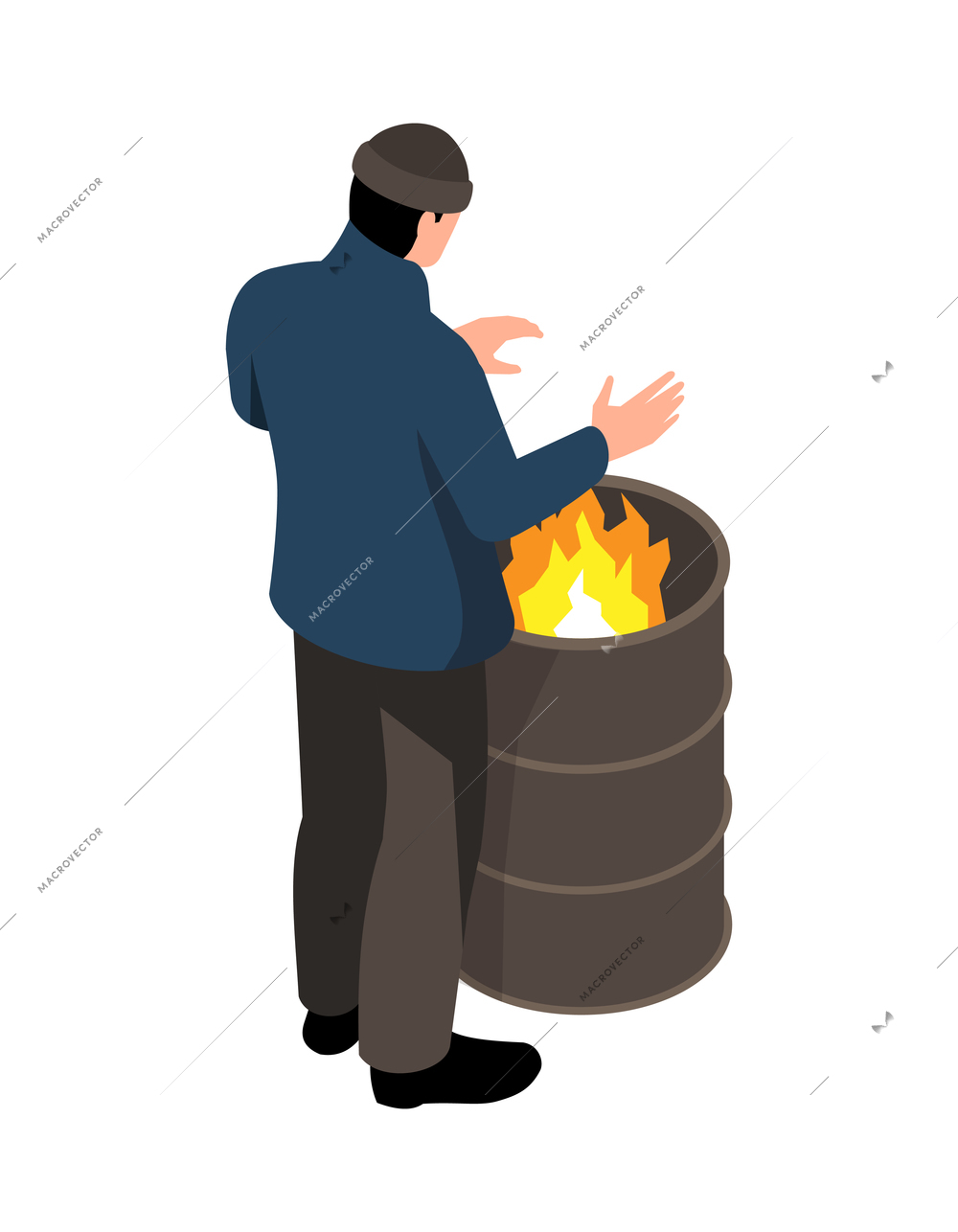 Homeless man heating hands by fire in metal barrel isometric 3d vector illustration