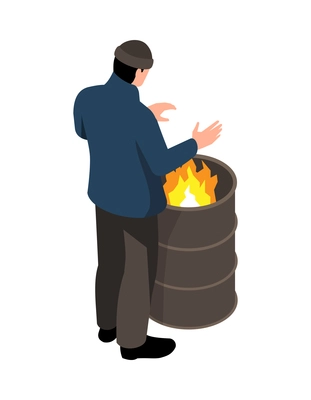 Homeless man heating hands by fire in metal barrel isometric 3d vector illustration