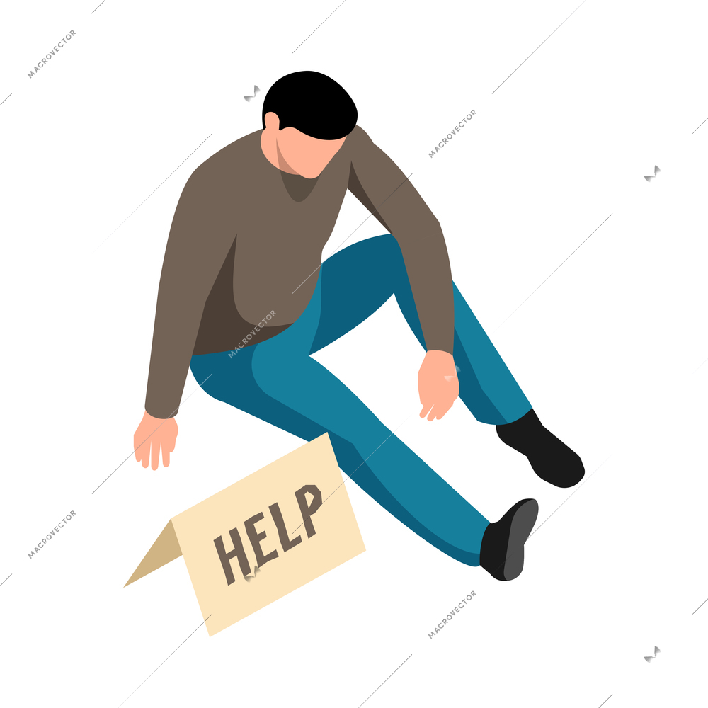 Jobless poor male beggar with placard help 3d isometric icon vector illustration