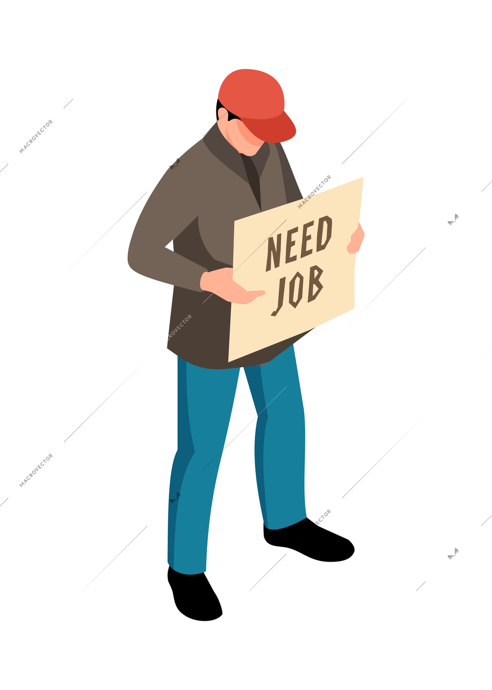 Isometric icon with jobless man holding placard need job 3d vector illustration