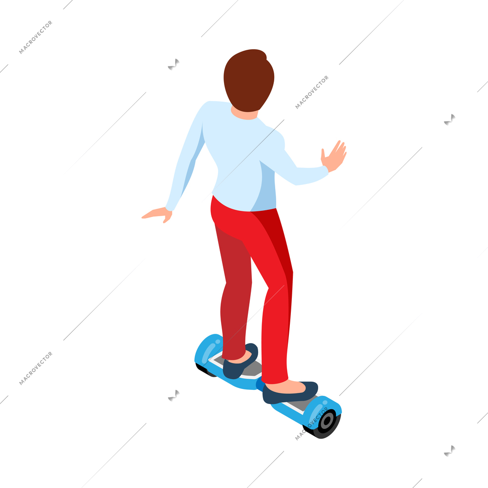 Eco transport isometric icon with woman riding hoverboard back view 3d vector illustration
