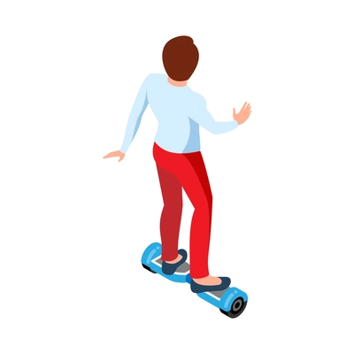 Eco transport isometric icon with woman riding hoverboard back view 3d vector illustration