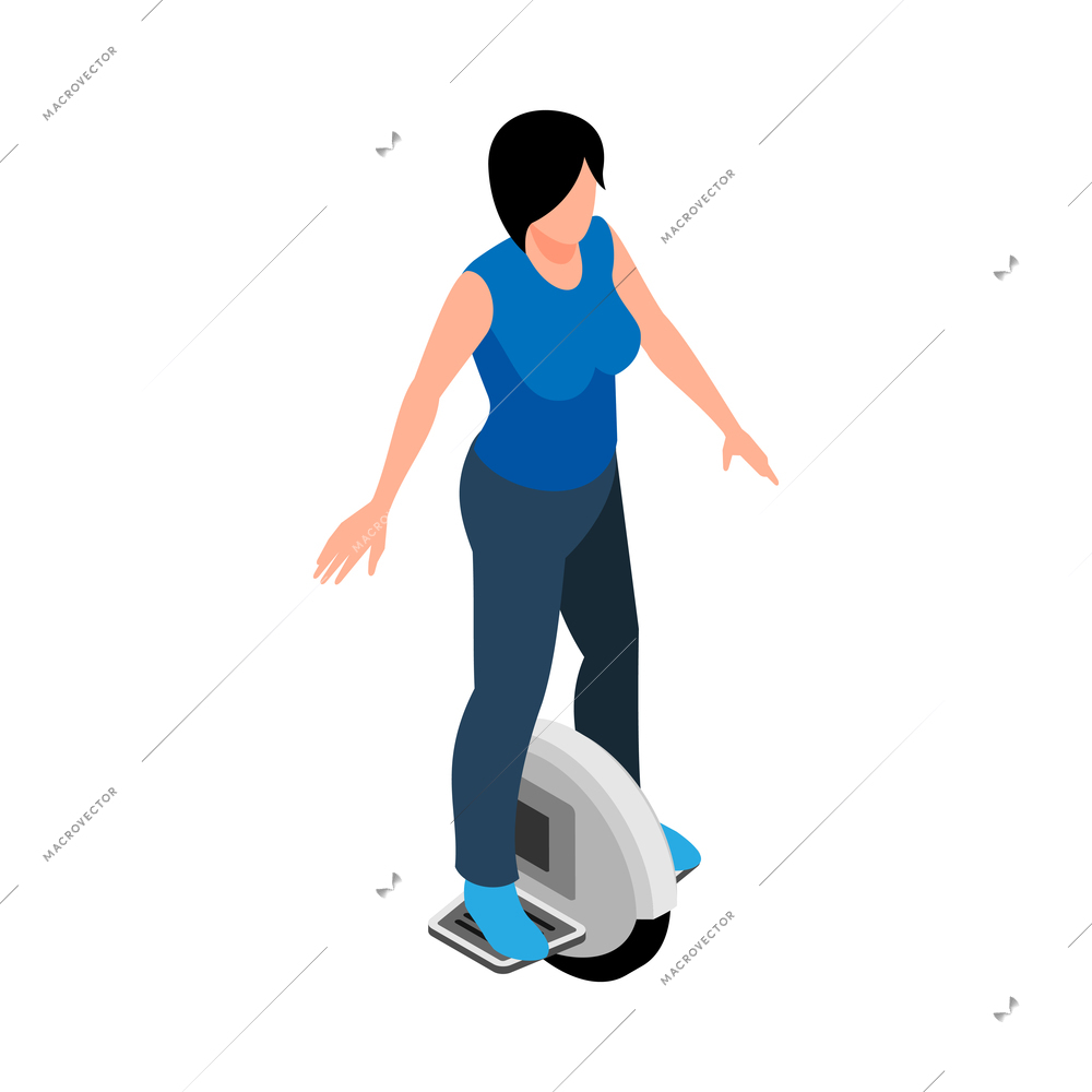 Eco transport isometric icon with woman riding electric mono wheel 3d vector illustration