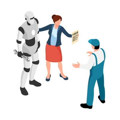 Jobless isometric icon with boss firing man and replacing him with robotic worker 3d vector illustration