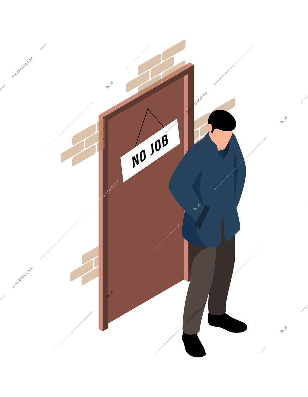 Jobless man standing next to door with no job sign isometric vector illustration