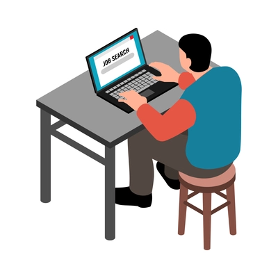 Jobless man searching for job online on laptop isometric 3d icon vector illustration