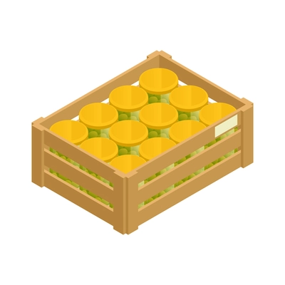 Wooden box with glass jars of green olives isometric icon vector illustration