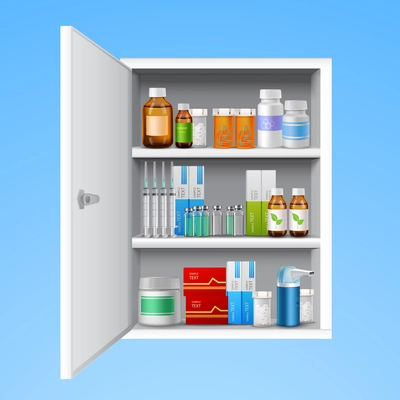 Medicine cabinet with tablets pills bottles drops realistic isolated on white background vector illustration