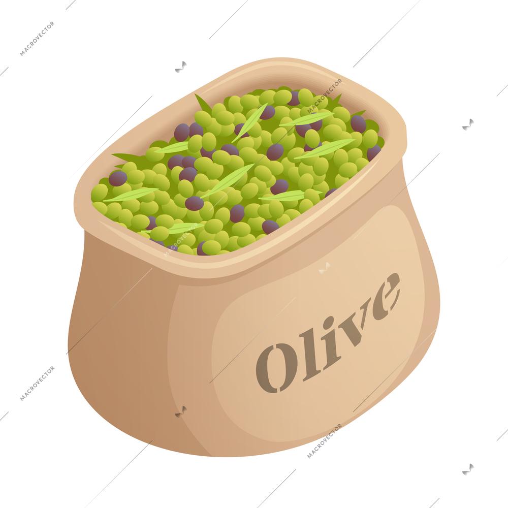 Isometric icon with bag of fresh olives 3d vector illustration