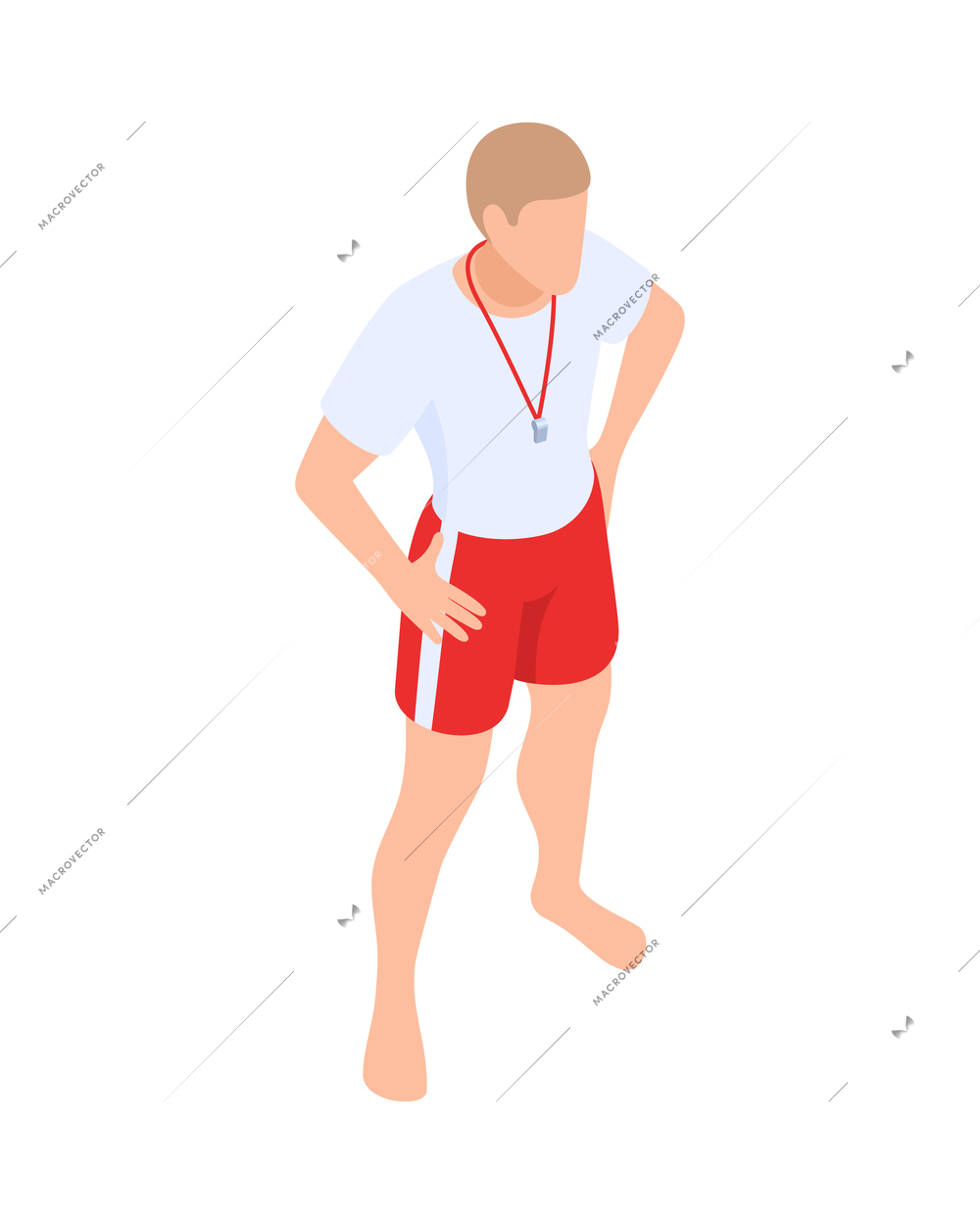 Water aerobics or swimming male coach with whistle on white background isometric vector illustration