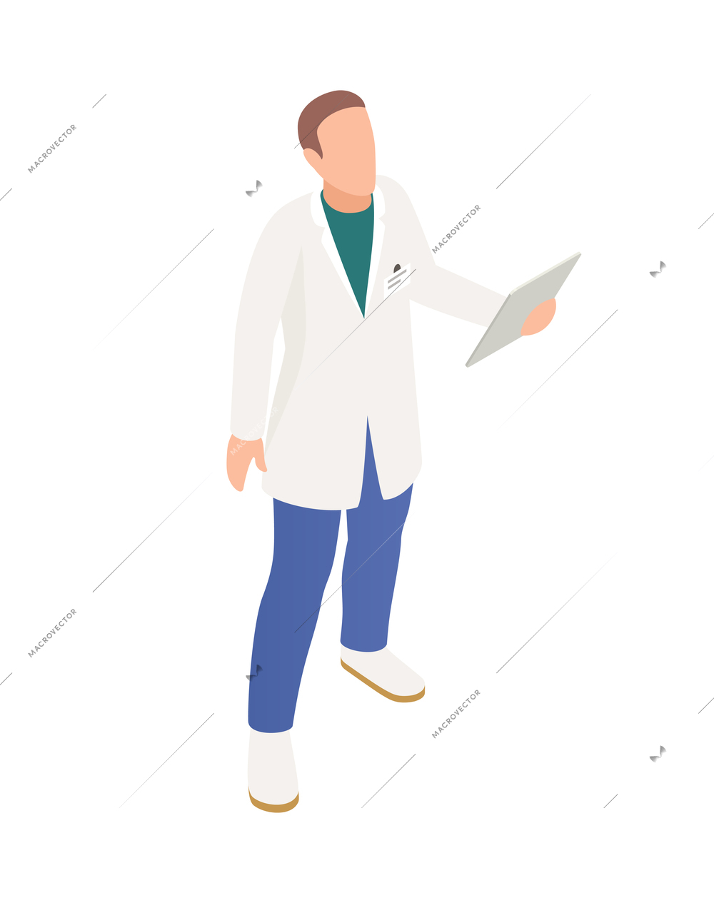 Isometric faceless character of male scientist or worker on white background 3d vector illustration