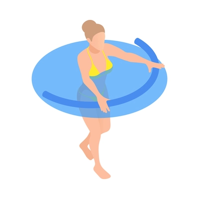 Isometric icon with woman doing aerobics with sport equipment in swimming pool 3d vector illustration