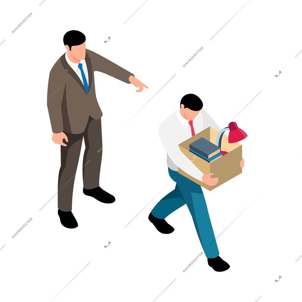 Isometric characters of boss and fired employee with his stuff in box isolated vector illustration