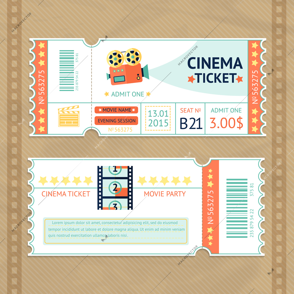 Retro cinema movie party paper ticket set isolated vector illustration