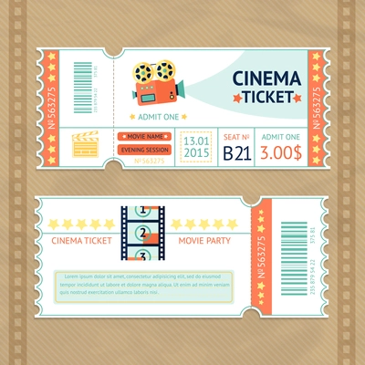 Retro cinema movie party paper ticket set isolated vector illustration