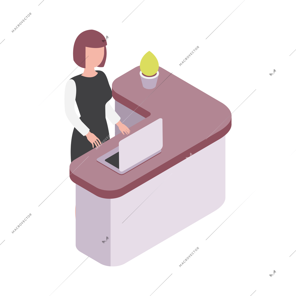 Hotel reception desk with female worker and laptop 3d isometric vector illustration