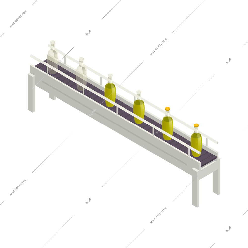 Olive production isometric icon with filling bottles on conveyor line 3d vector illustration