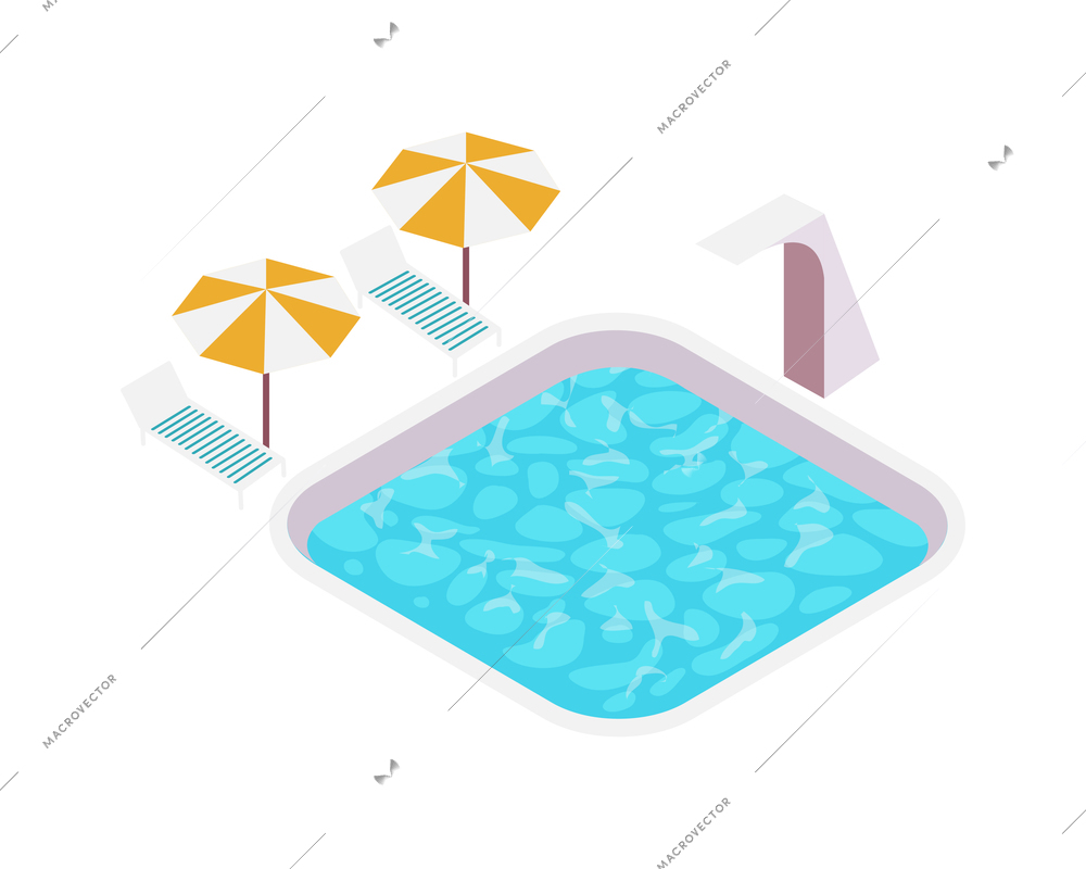 Swimming pool with blue water lounges beach umbrellas 3d isometric vector illustration