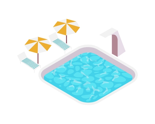 Swimming pool with blue water lounges beach umbrellas 3d isometric vector illustration