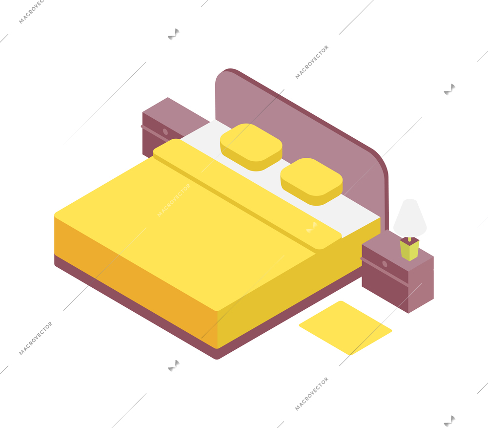Isometric bedroom interior with double bed carpet bedside tables 3d vector illustration